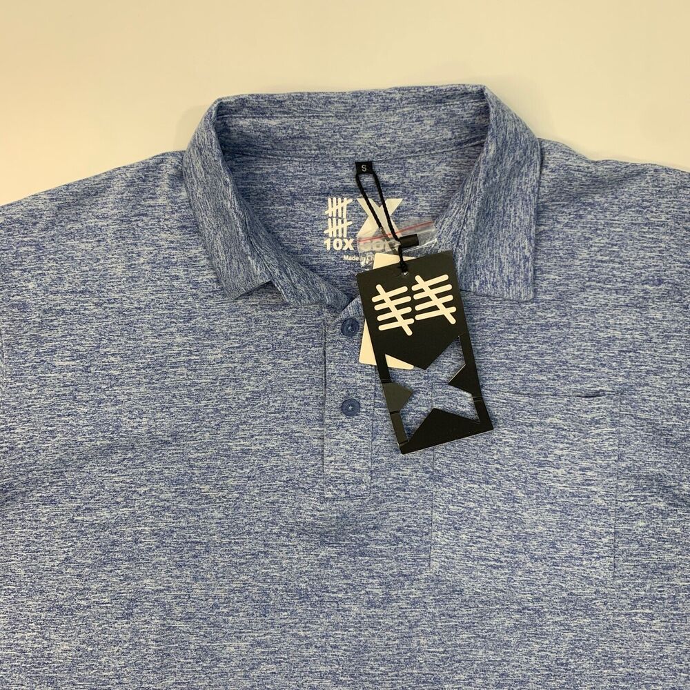 10X Sports Polo Shirt Mens S Small Shark Blue Golf Performance Chest Pocket New - Picture 3 of 10